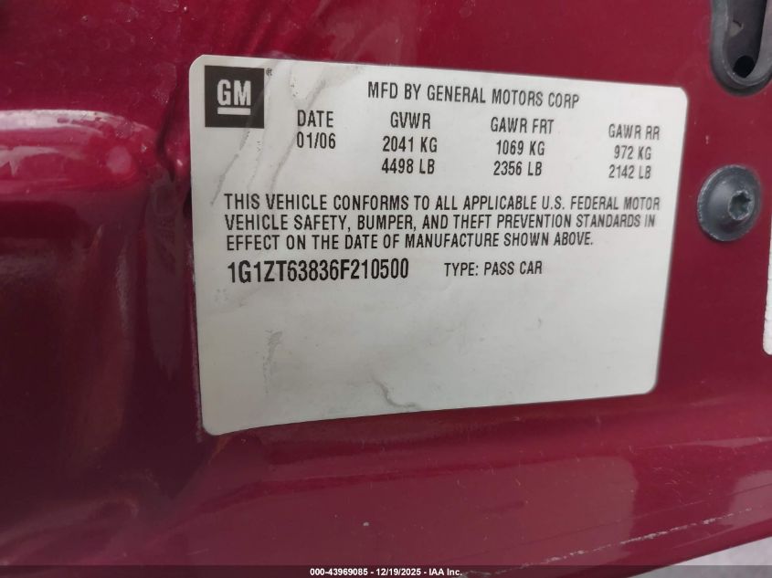 2006 Chevrolet Malibu Maxx Lt VIN: 1G1ZT63836F210500 Lot: 43969085