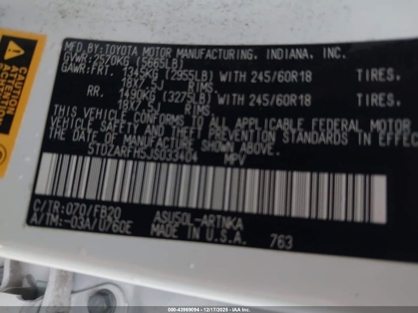 2018 Toyota Highlander Le VIN: 5TDZARFH5JS033404 Lot: 43969094