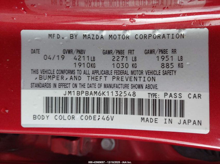 2019 Mazda Mazda3 Select Package VIN: JM1BPBAM6K1132548 Lot: 43969097