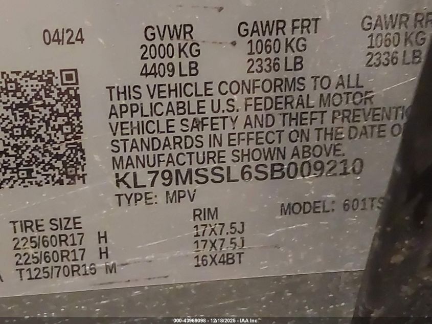 2025 Chevrolet Trailblazer Awd Activ VIN: KL79MSSL6SB009210 Lot: 43969098