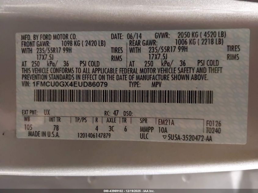 2014 Ford Escape Se VIN: 1FMCU0GX4EUD86079 Lot: 43969102