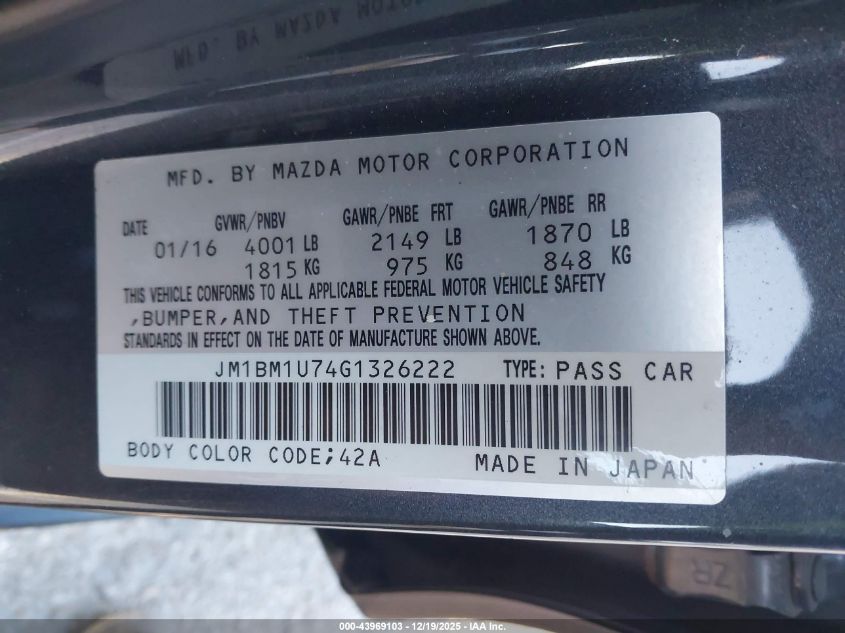 2016 Mazda Mazda3 I Sport VIN: JM1BM1U74G1326222 Lot: 43969103