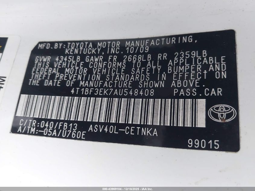 2010 Toyota Camry Le VIN: 4T1BF3EK7AU548408 Lot: 43969104