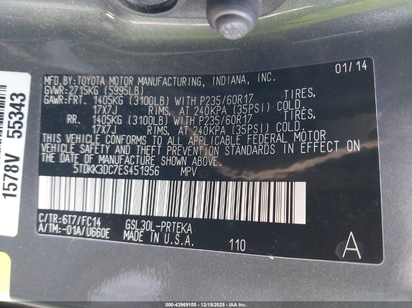 2014 Toyota Sienna Le V6 8 Passenger VIN: 5TDKK3DC7ES451956 Lot: 43969105