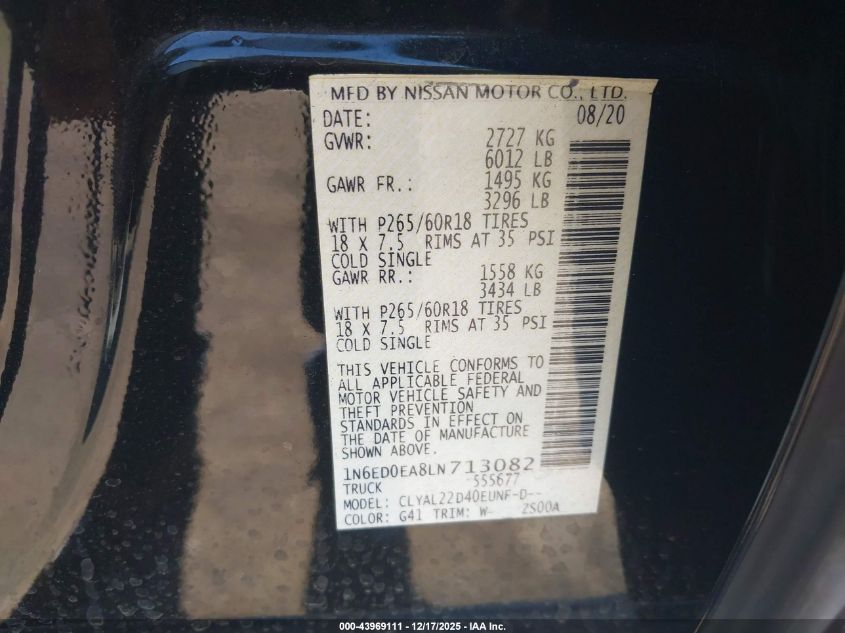 2020 Nissan Frontier Sv 4X2 VIN: 1N6ED0EA8LN713082 Lot: 43969111