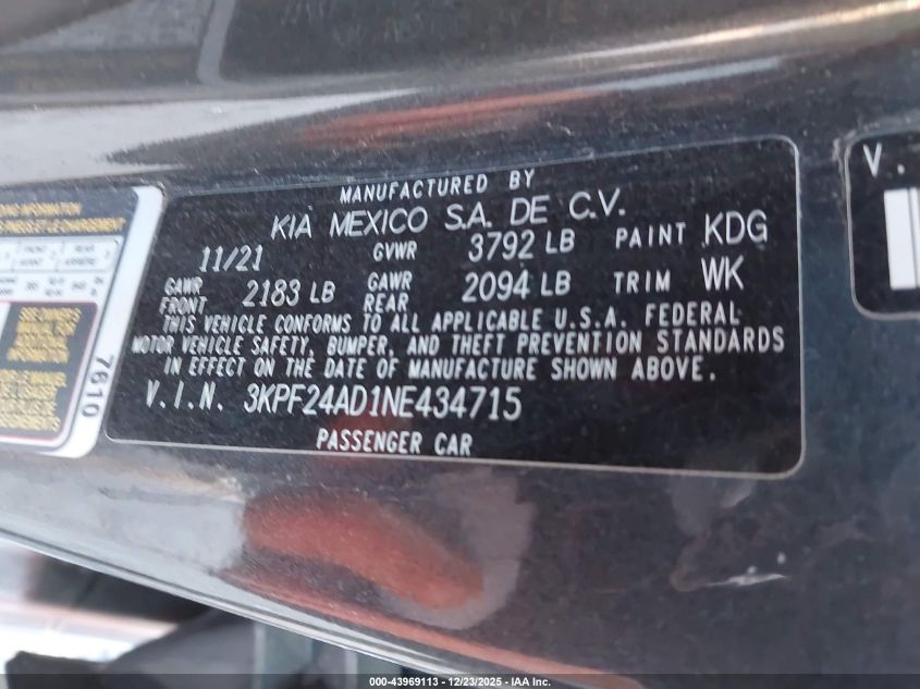 2022 Kia Forte Lxs VIN: 3KPF24AD1NE434715 Lot: 43969113