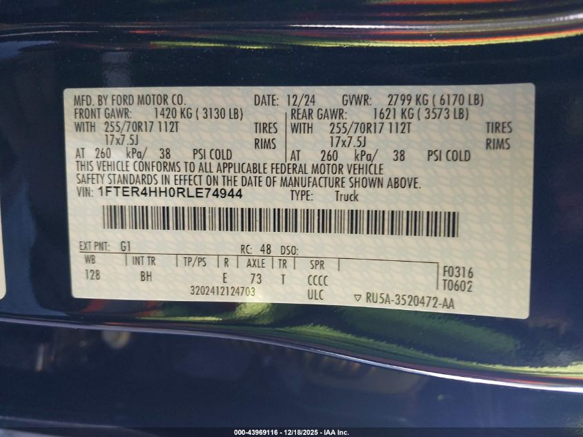 2024 Ford Ranger Xlt VIN: 1FTER4HH0RLE74944 Lot: 43969116