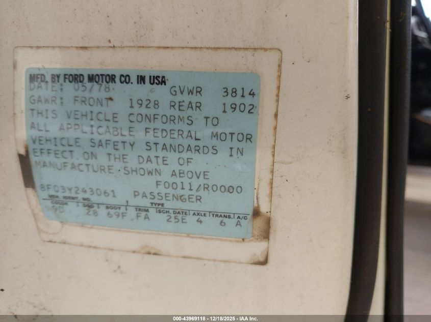 1978 Ford Mustang VIN: 8F03Y243061 Lot: 43969118