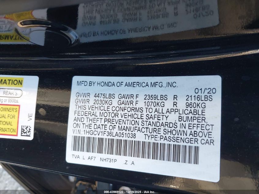 2020 Honda Accord Sport VIN: 1HGCV1F36LA051038 Lot: 43969123