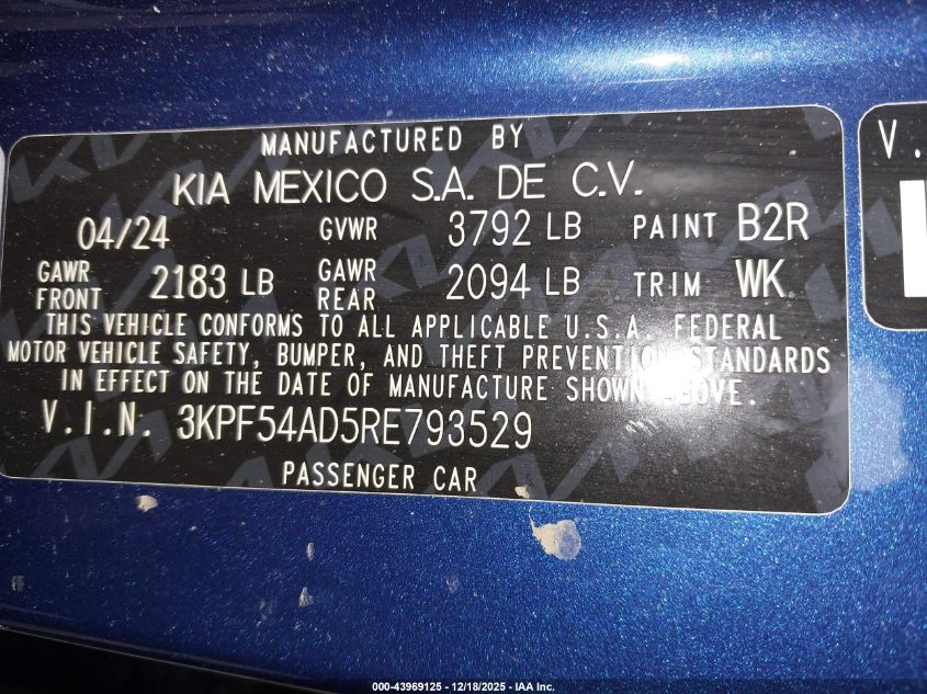2024 Kia Forte Gt-Line VIN: 3KPF54AD5RE793529 Lot: 43969125