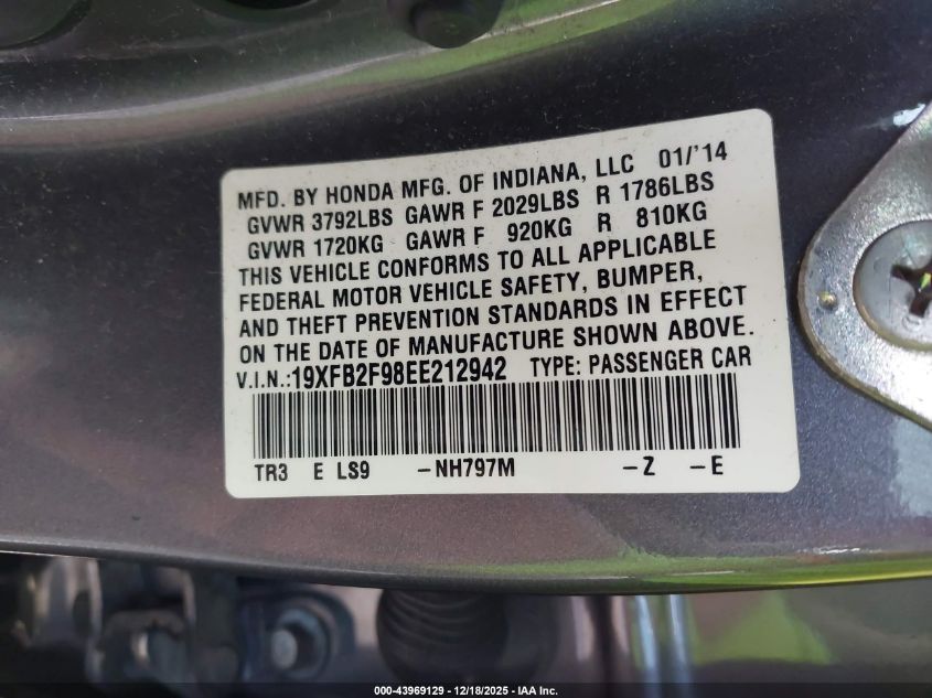 2014 Honda Civic Ex-L VIN: 19XFB2F98EE212942 Lot: 43969129