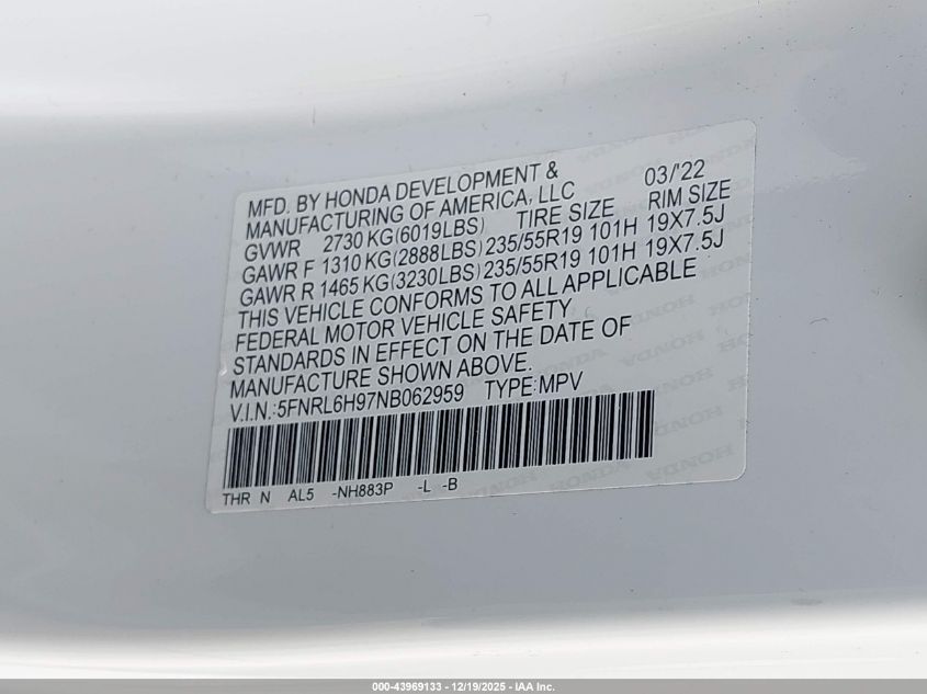 2022 Honda Odyssey Elite VIN: 5FNRL6H97NB062959 Lot: 43969133