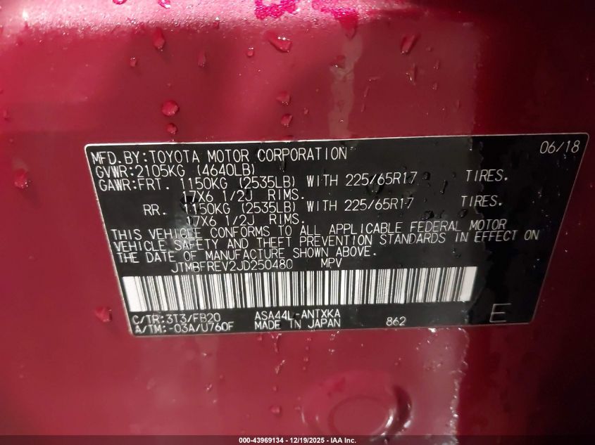 2018 Toyota Rav4 Le VIN: JTMBFREV2JD250480 Lot: 43969134