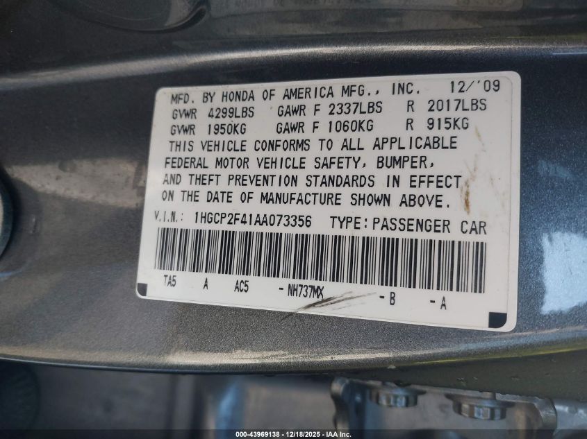 2010 Honda Accord 2.4 Lx-P VIN: 1HGCP2F41AA073356 Lot: 43969138