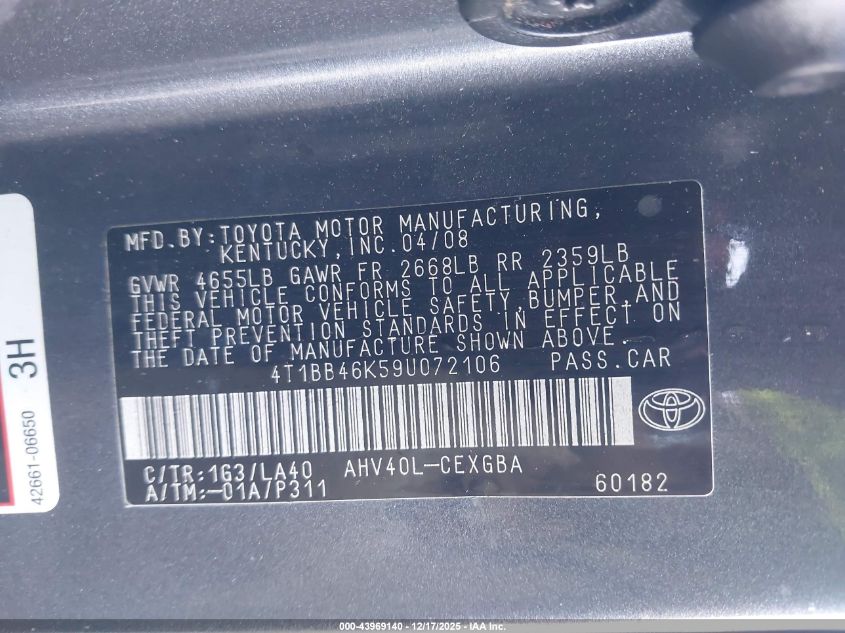 2009 Toyota Camry Hybrid VIN: 4T1BB46K59U072106 Lot: 43969140