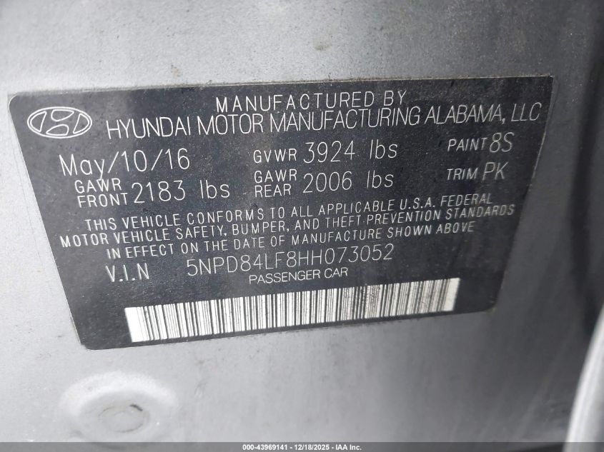 2017 Hyundai Elantra Se VIN: 5NPD84LF8HH073052 Lot: 43969141