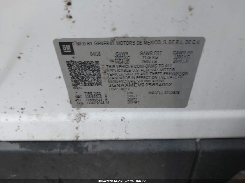 2018 Chevrolet Equinox Premier VIN: 3GNAXMEV9JS634002 Lot: 43969144