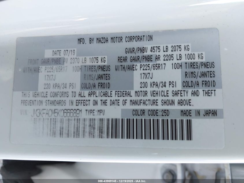 2019 Mazda Cx-5 Touring VIN: JM3KFACM5K0666891 Lot: 43969145