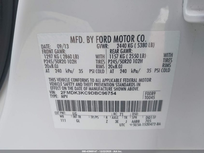 2013 Ford Edge Limited VIN: 2FMDK3KC9DBC96754 Lot: 43969147