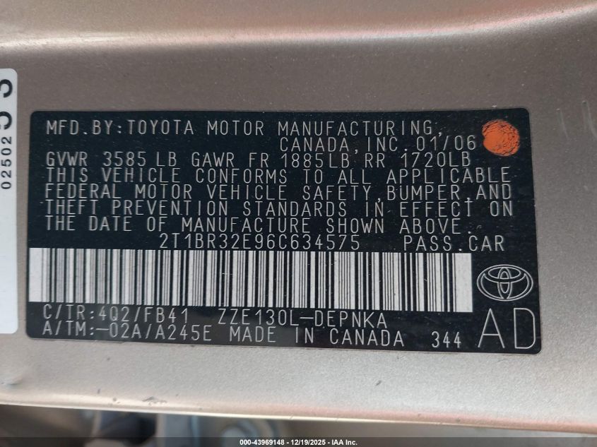 2006 Toyota Corolla Le VIN: 2T1BR32E96C634575 Lot: 43969148