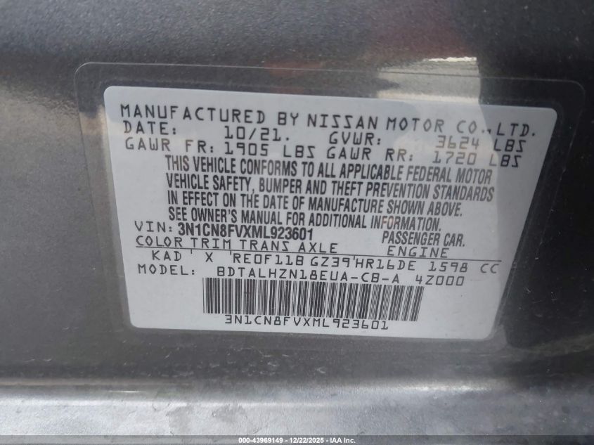 2021 Nissan Versa Sr Xtronic Cvt VIN: 3N1CN8FVXML923601 Lot: 43969149