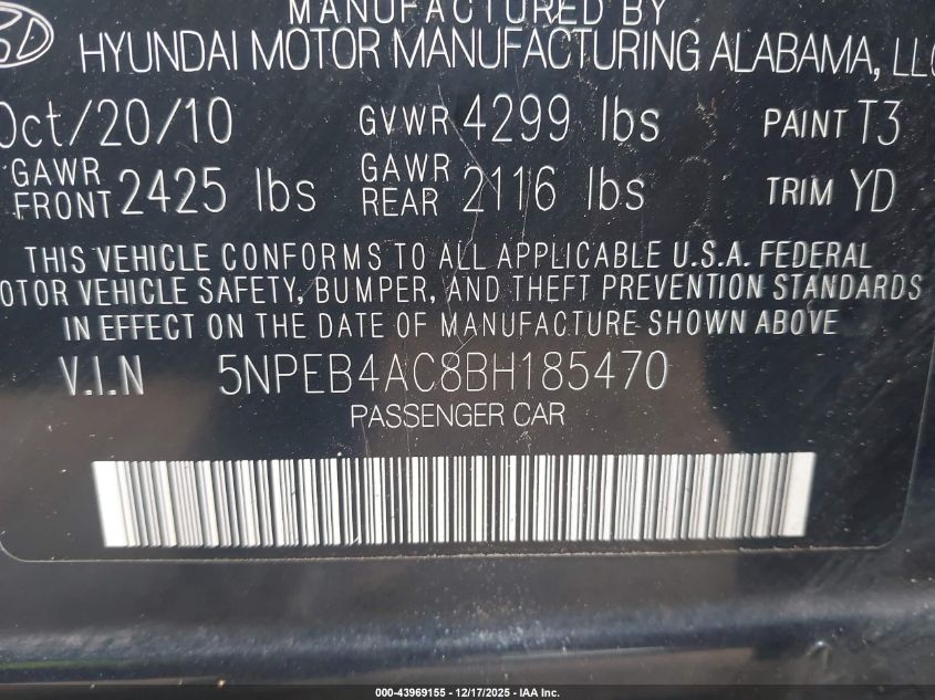 2011 Hyundai Sonata Gls VIN: 5NPEB4AC8BH185470 Lot: 43969155