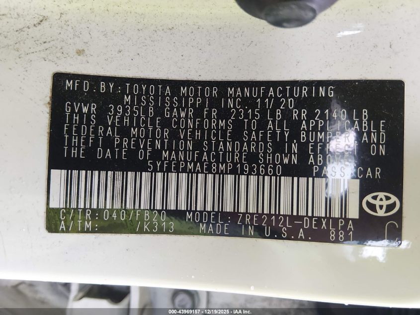 2021 Toyota Corolla Le VIN: 5YFEPMAE8MP193660 Lot: 43969157