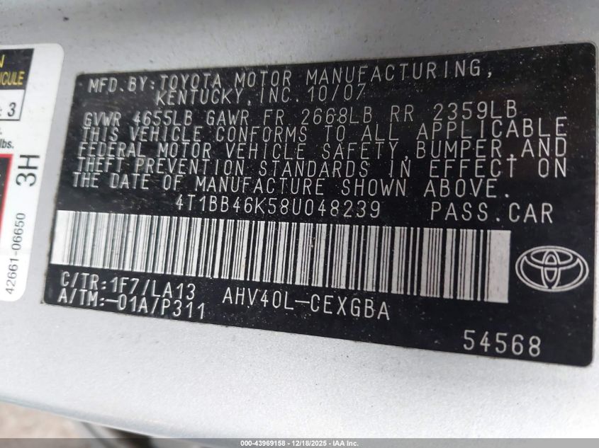 2008 Toyota Camry Hybrid VIN: 4T1BB46K58U048239 Lot: 43969158