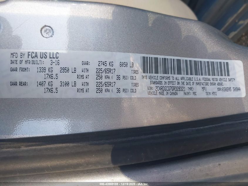 2016 Dodge Grand Caravan Sxt VIN: 2C4RDGCG7GR328321 Lot: 43969159