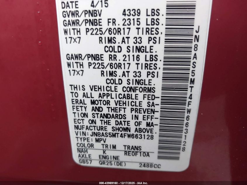 2015 Nissan Rogue Select S VIN: JN8AS5MT4FW663128 Lot: 43969160