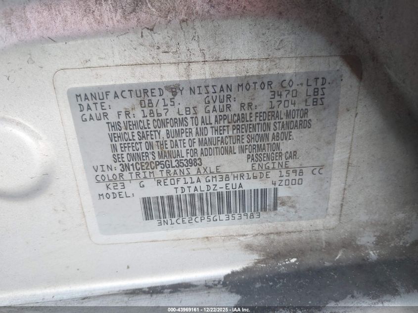 2016 Nissan Versa Note S (Sr)/S Plus/Sl/Sr/Sv VIN: 3N1CE2CP5GL353983 Lot: 43969161