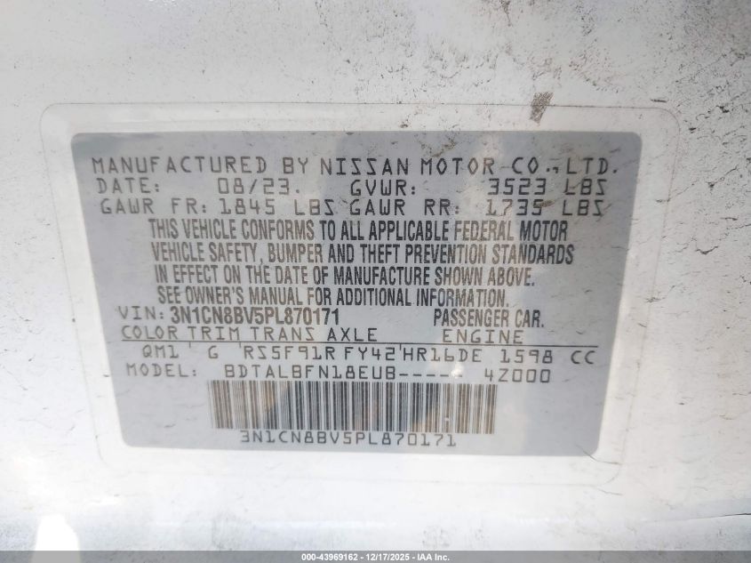 2023 Nissan Versa S 5-Speed Manual Transmission VIN: 3N1CN8BV5PL870171 Lot: 43969162