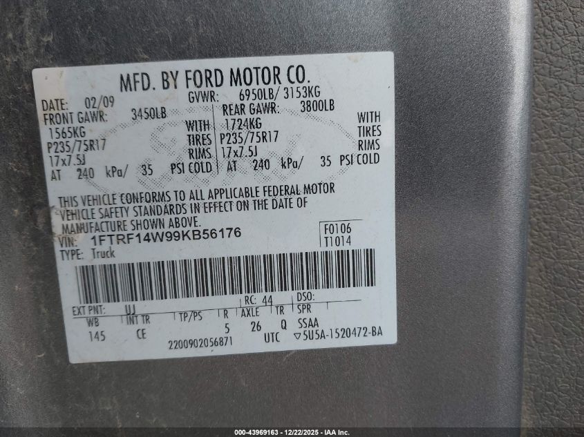 2009 Ford F-150 Stx/Xl/Xlt VIN: 1FTRF14W99KB56176 Lot: 43969163