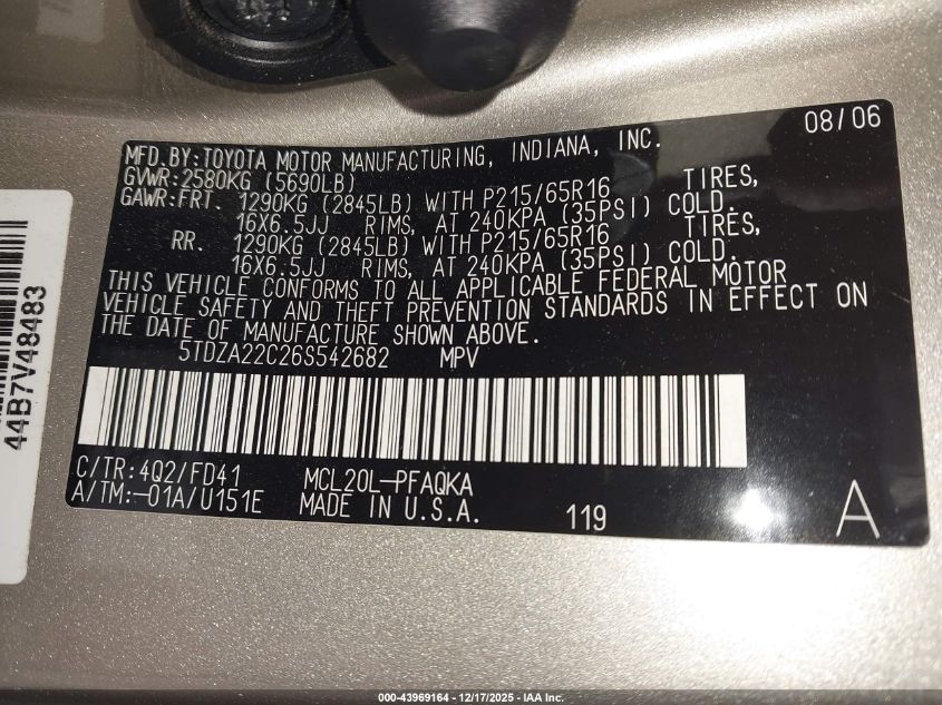 2006 Toyota Sienna Xle VIN: 5TDZA22C26S542682 Lot: 43969164