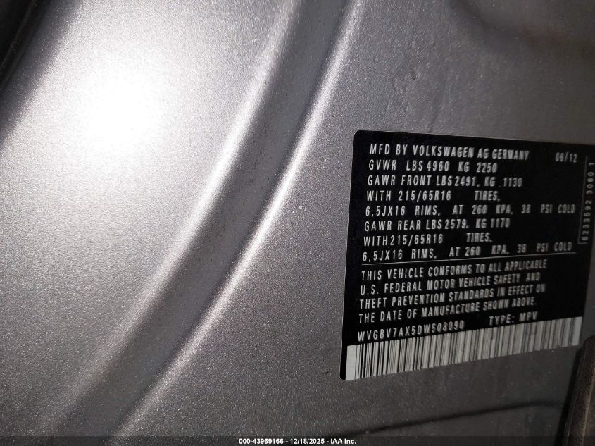 2013 Volkswagen Tiguan S VIN: WVGBV7AX5DW508090 Lot: 43969166