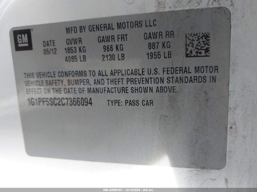 2012 Chevrolet Cruze 1Lt VIN: 1G1PF5SC2C7366094 Lot: 43969167