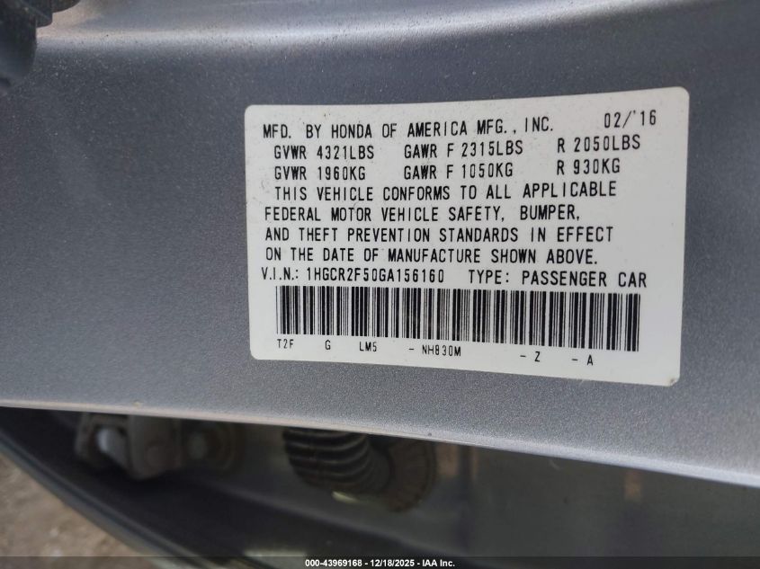 2016 Honda Accord Sport VIN: 1HGCR2F50GA156160 Lot: 43969168