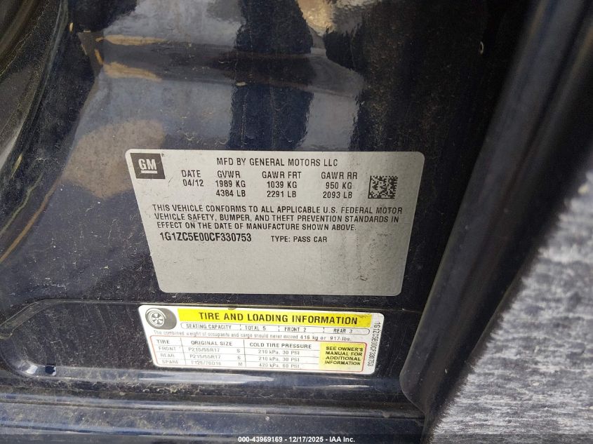 2012 Chevrolet Malibu 1Lt VIN: 1G1ZC5E00CF330753 Lot: 43969169