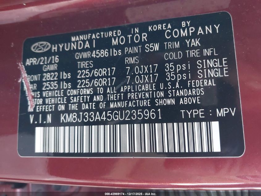 2016 Hyundai Tucson Se VIN: KM8J33A45GU235961 Lot: 43969174