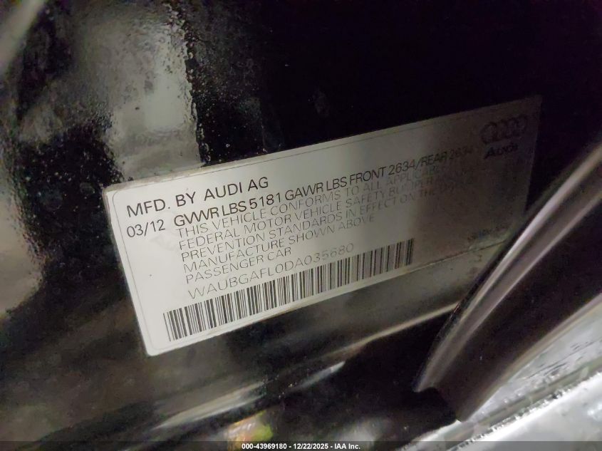 2013 Audi S4 3.0T Premium Plus VIN: WAUBGAFL0DA035680 Lot: 43969180