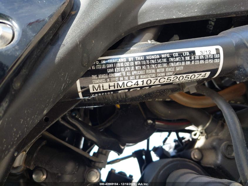 2012 Honda Cbr250 R VIN: MLHMC4107C5205074 Lot: 43969184