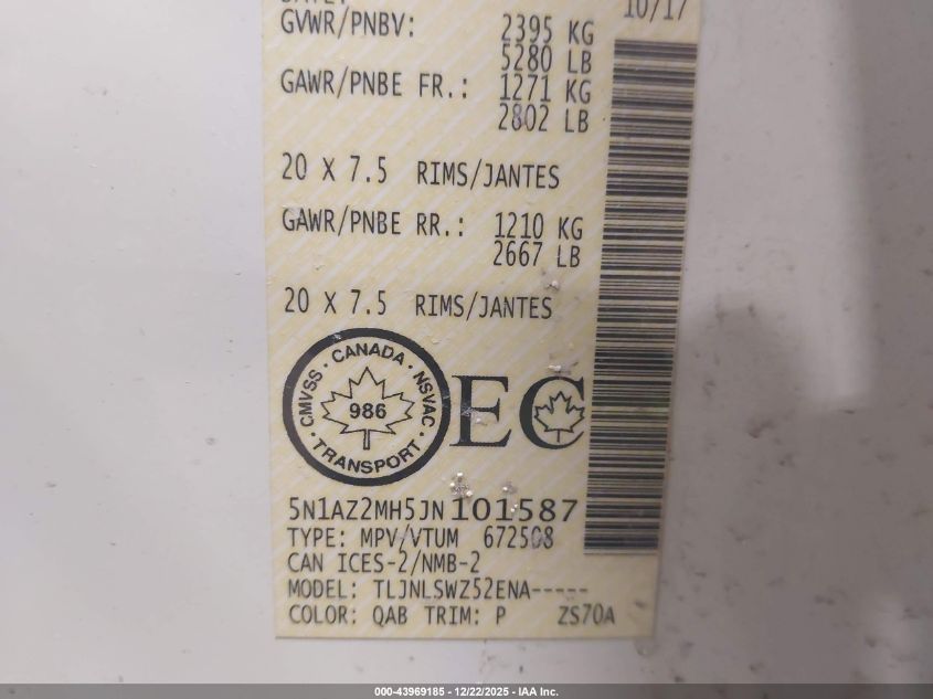 2018 Nissan Murano Platinum/S/Sl/Sv VIN: 5N1AZ2MH5JN101587 Lot: 43969185