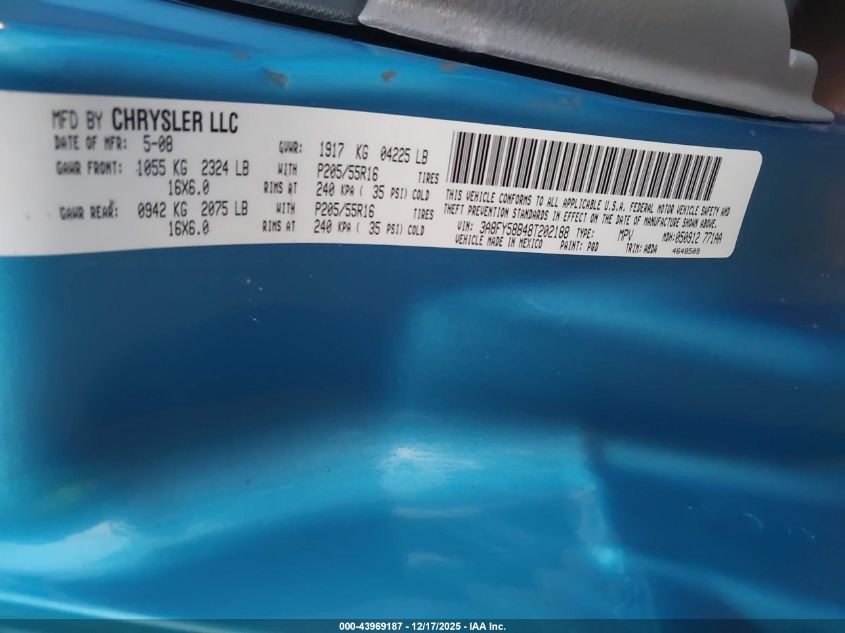 2008 Chrysler Pt Cruiser Touring VIN: 3A8FY58B48T202188 Lot: 43969187