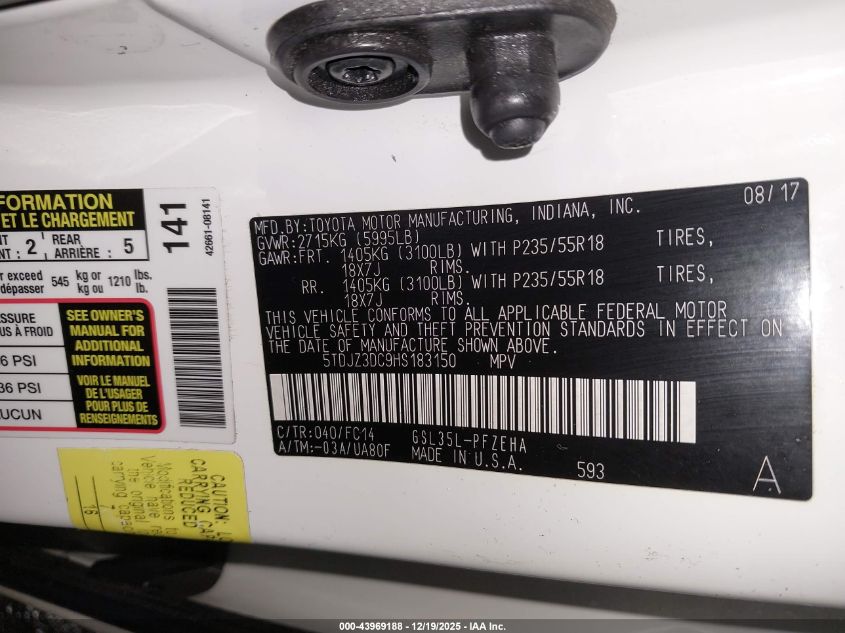 2017 Toyota Sienna Le 7 Passenger VIN: 5TDJZ3DC9HS183150 Lot: 43969188