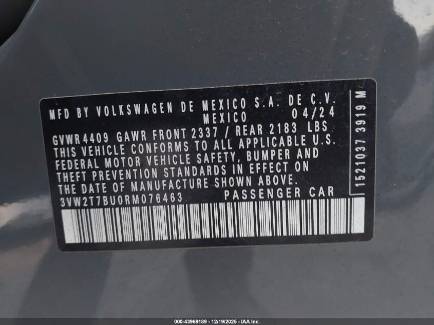 2024 Volkswagen Jetta Gli 2.0T Autobahn VIN: 3VW2T7BU0RM076463 Lot: 43969189