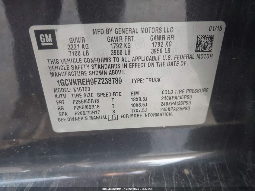 2015 Chevrolet Silverado 1500 1Lt VIN: 1GCVKREH9FZ238789 Lot: 43969191