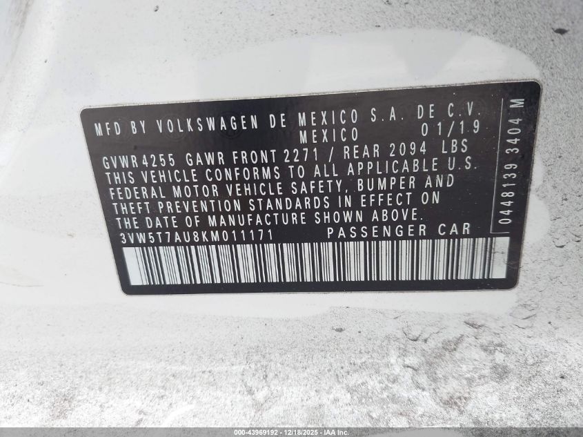 2019 Volkswagen Golf Gti 2.0T Autobahn/2.0T Rabbit Edition/2.0T S/2.0T Se VIN: 3VW5T7AU8KM011171 Lot: 43969192