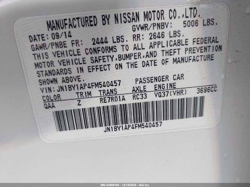 2015 Infiniti Q70 3.7 VIN: JN1BY1AP4FM540457 Lot: 43969194