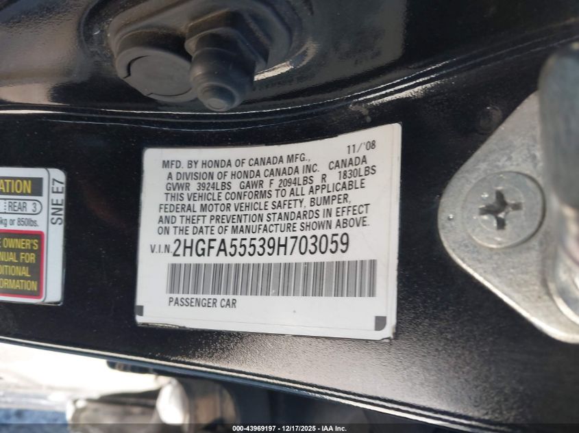 2009 Honda Civic Si VIN: 2HGFA55539H703059 Lot: 43969197