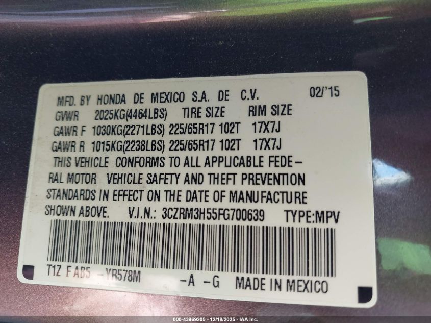 2015 Honda Cr-V Ex VIN: 3CZRM3H55FG700639 Lot: 43969205